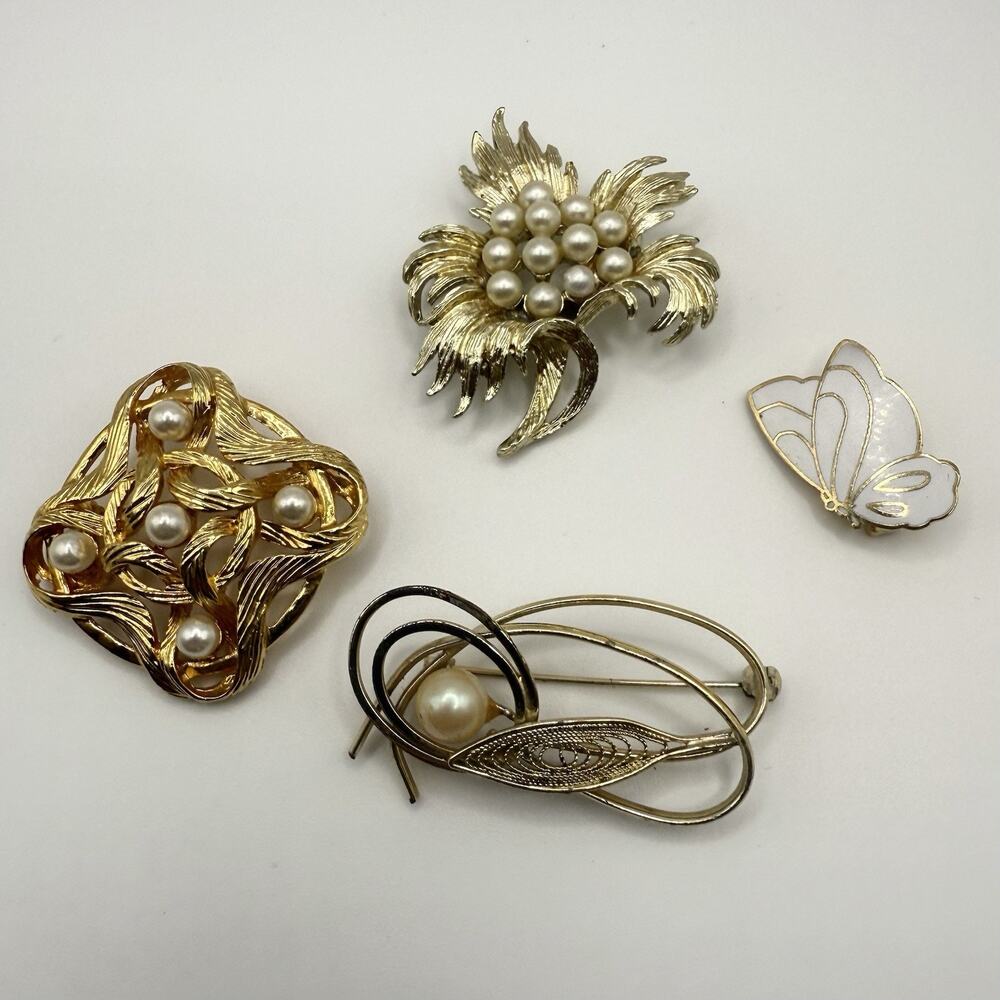 Vintage Lot of Four Brooch Pins Gold Tone Imitation Pearl Enamel Butterfly